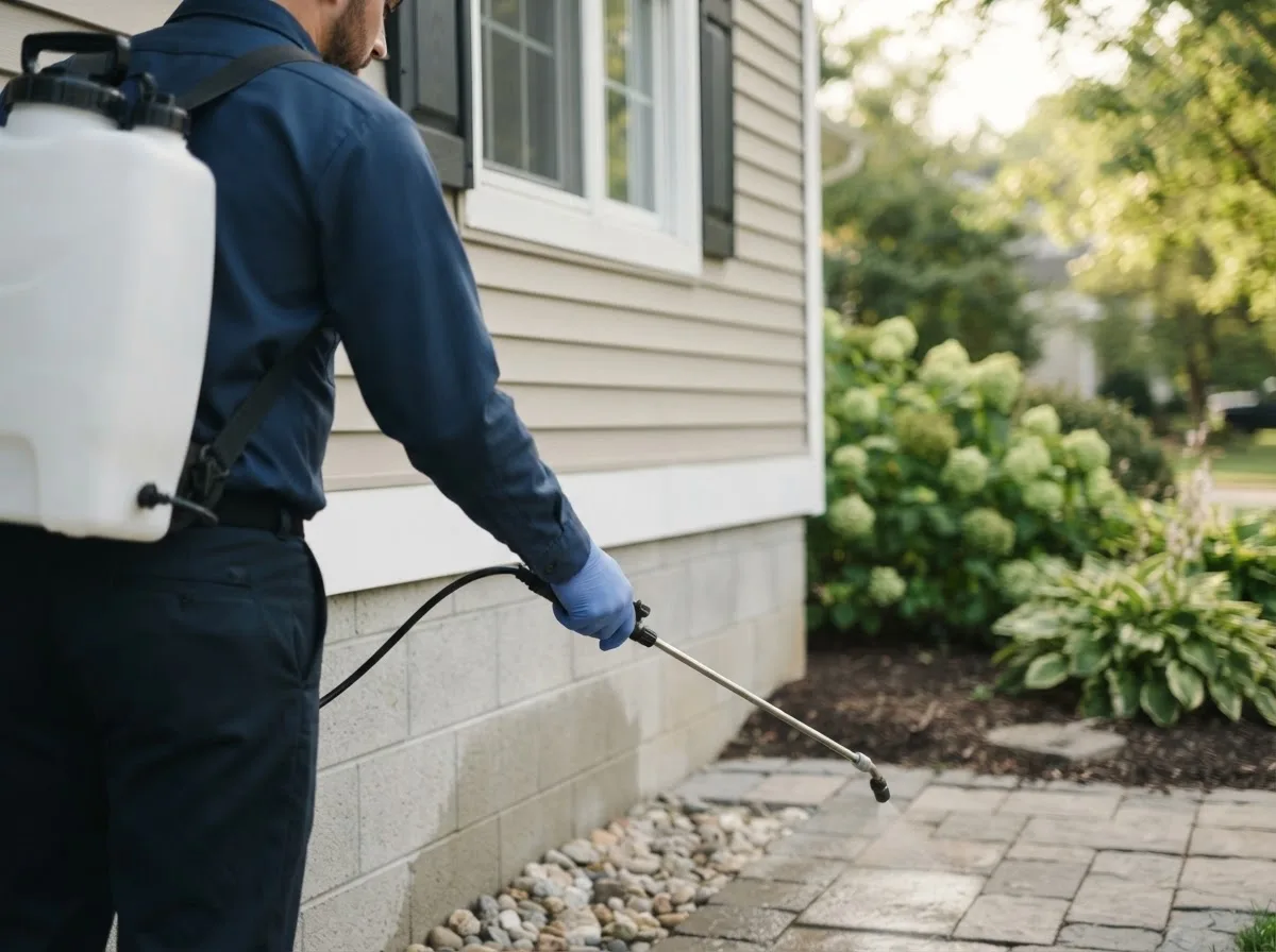 Pest control technician inspecting a home in Lock Springs, MO